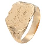 Antique 10K. yellow gold signet ring with hand engraved initials and details.