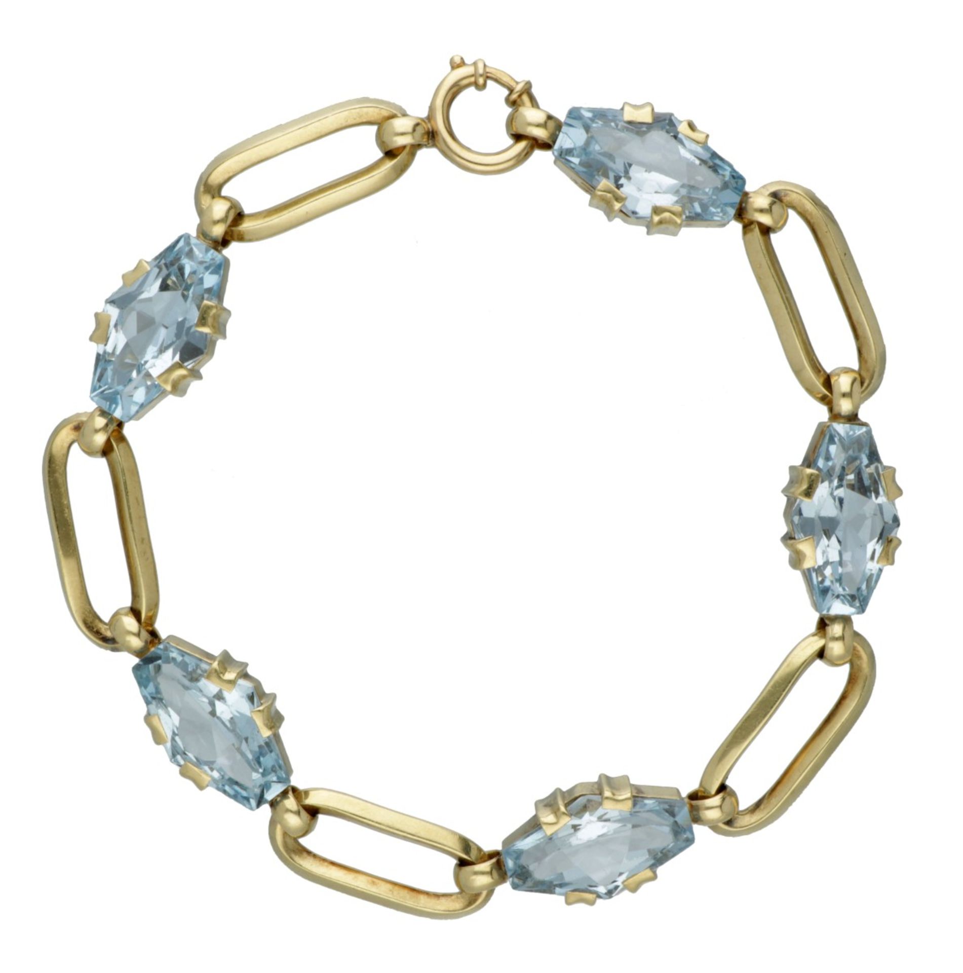 14K. Yellow gold link bracelet set with synthetic spinel.