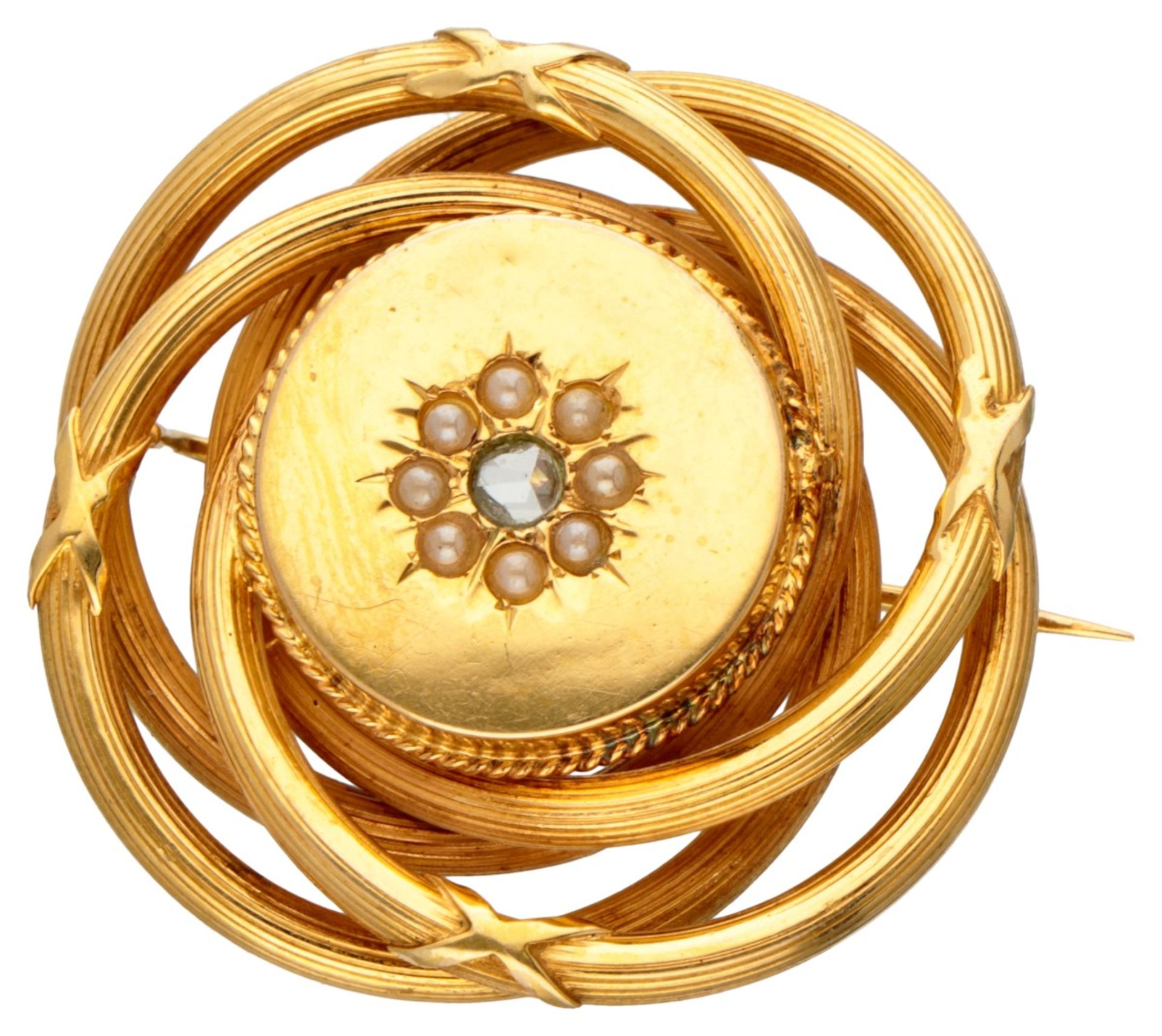 18K. Yellow gold brooch set with rose cut diamond and seed pearls.