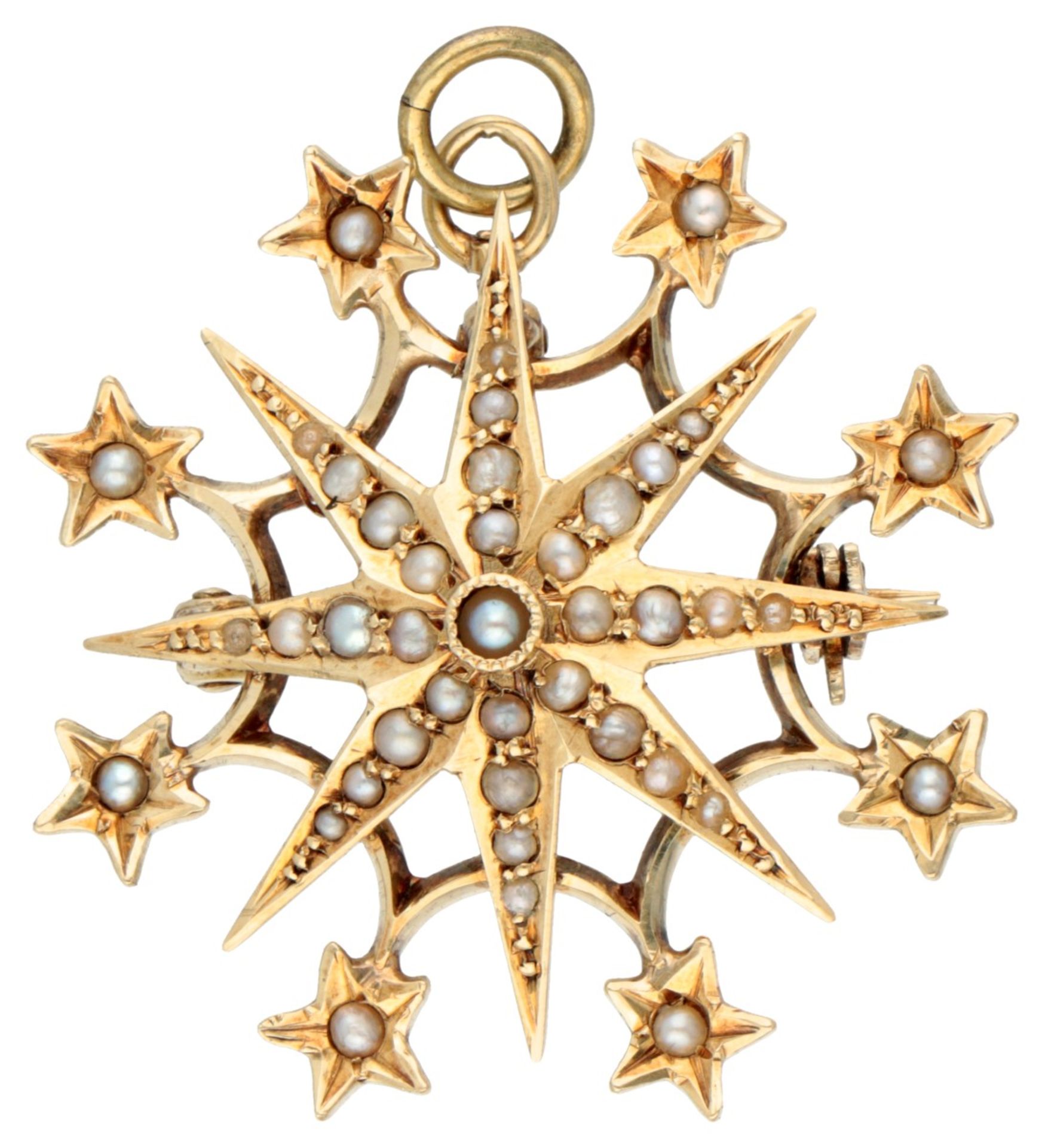 Vintage 10K. yellow gold star brooch / pendant set with seed pearl.