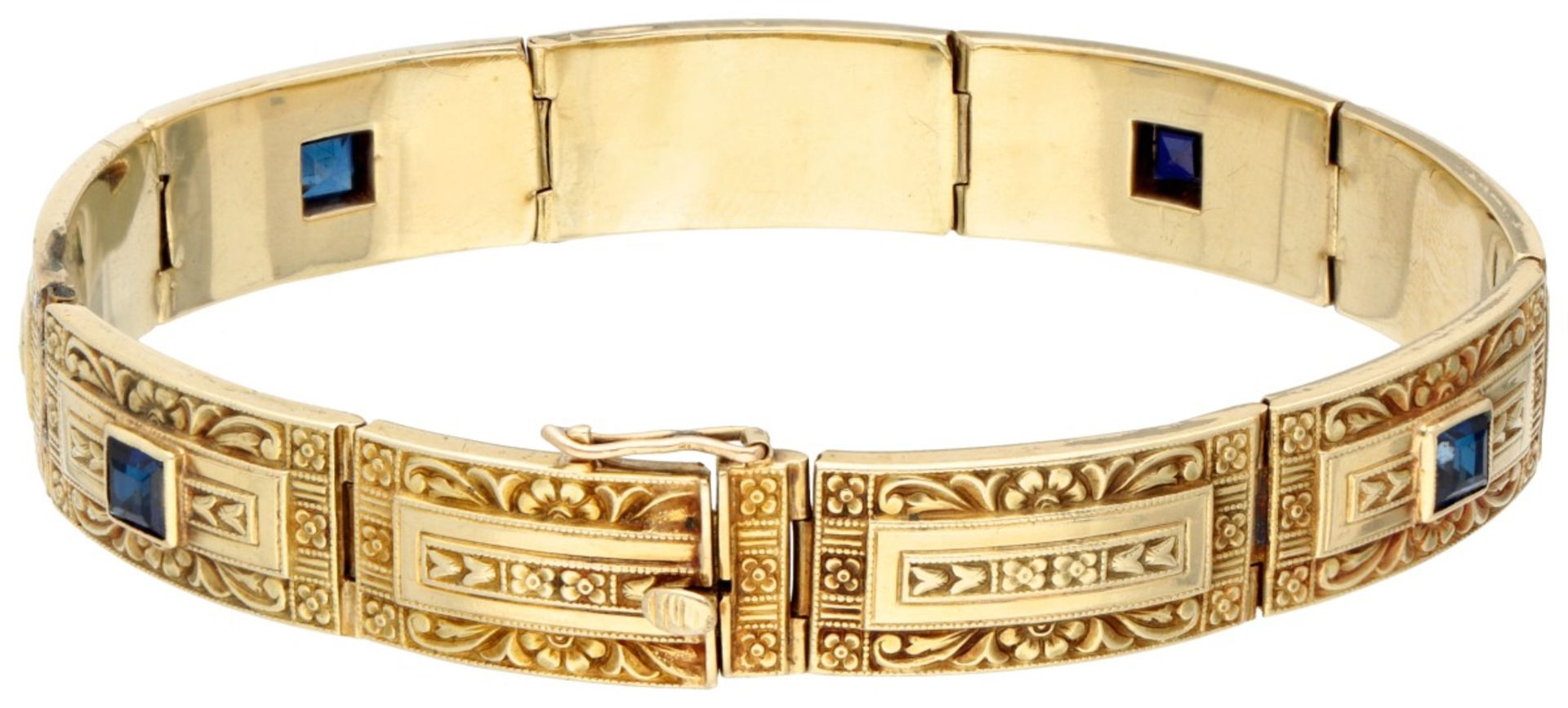 Vintage 14K. yellow gold bracelet set with approx. 1.52 ct. synthetic sapphire. - Image 2 of 4