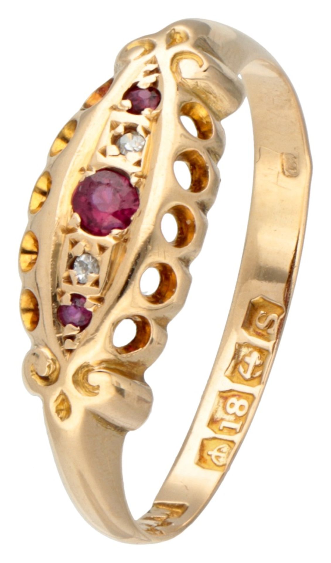 Antique 18K. yellow gold English 'five stone' ring set with approx. 0.09 ct. natural ruby ​​and diam