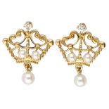 18K. Yellow gold 'Princess Diana Tiara' earrings set with diamonds and pearls by Stuart Devlin for F