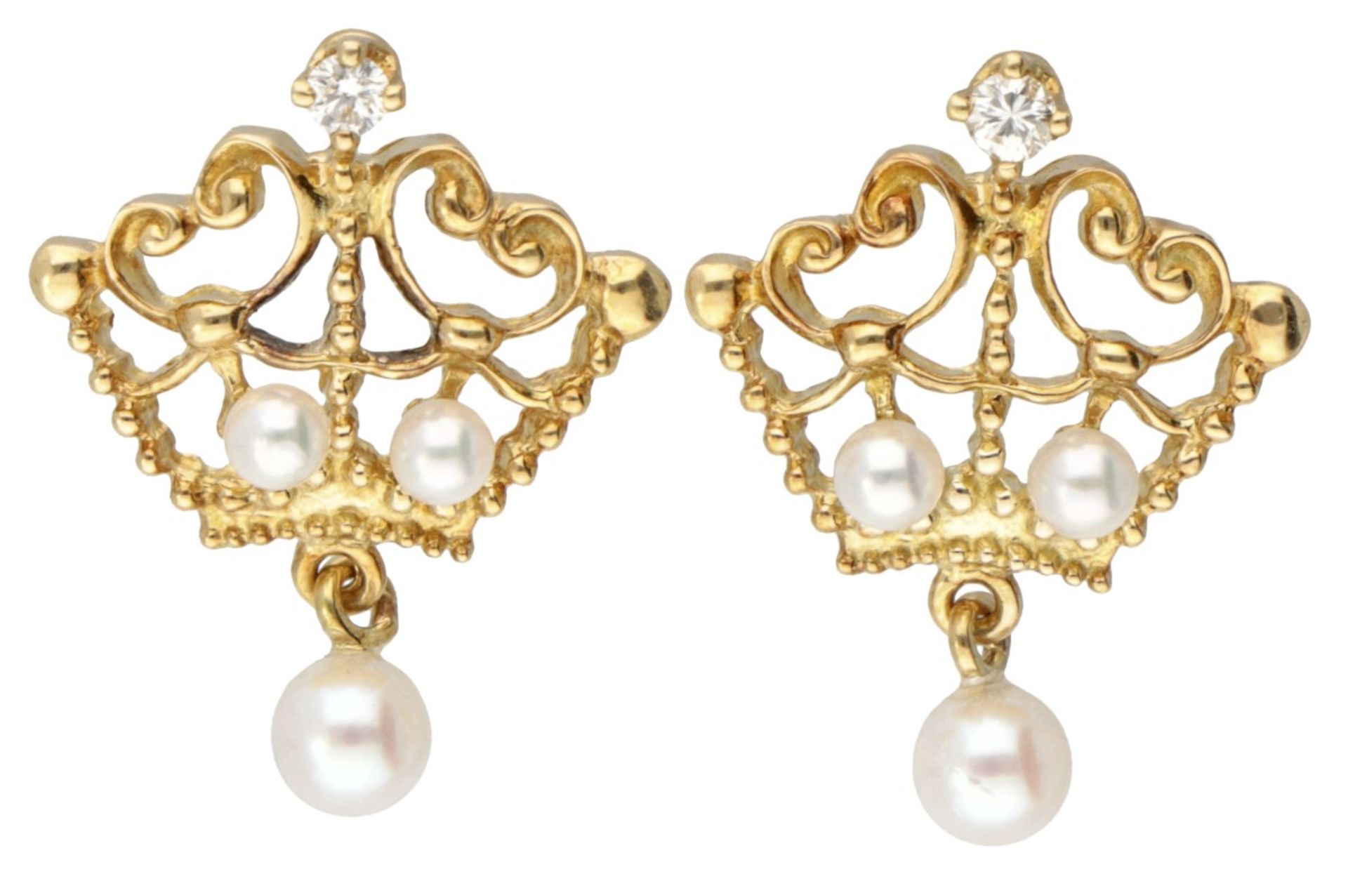 18K. Yellow gold 'Princess Diana Tiara' earrings set with diamonds and pearls by Stuart Devlin for F