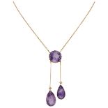 18K. Yellow gold negligee necklace set with approx. 13.56 ct. amethyst and diamond.