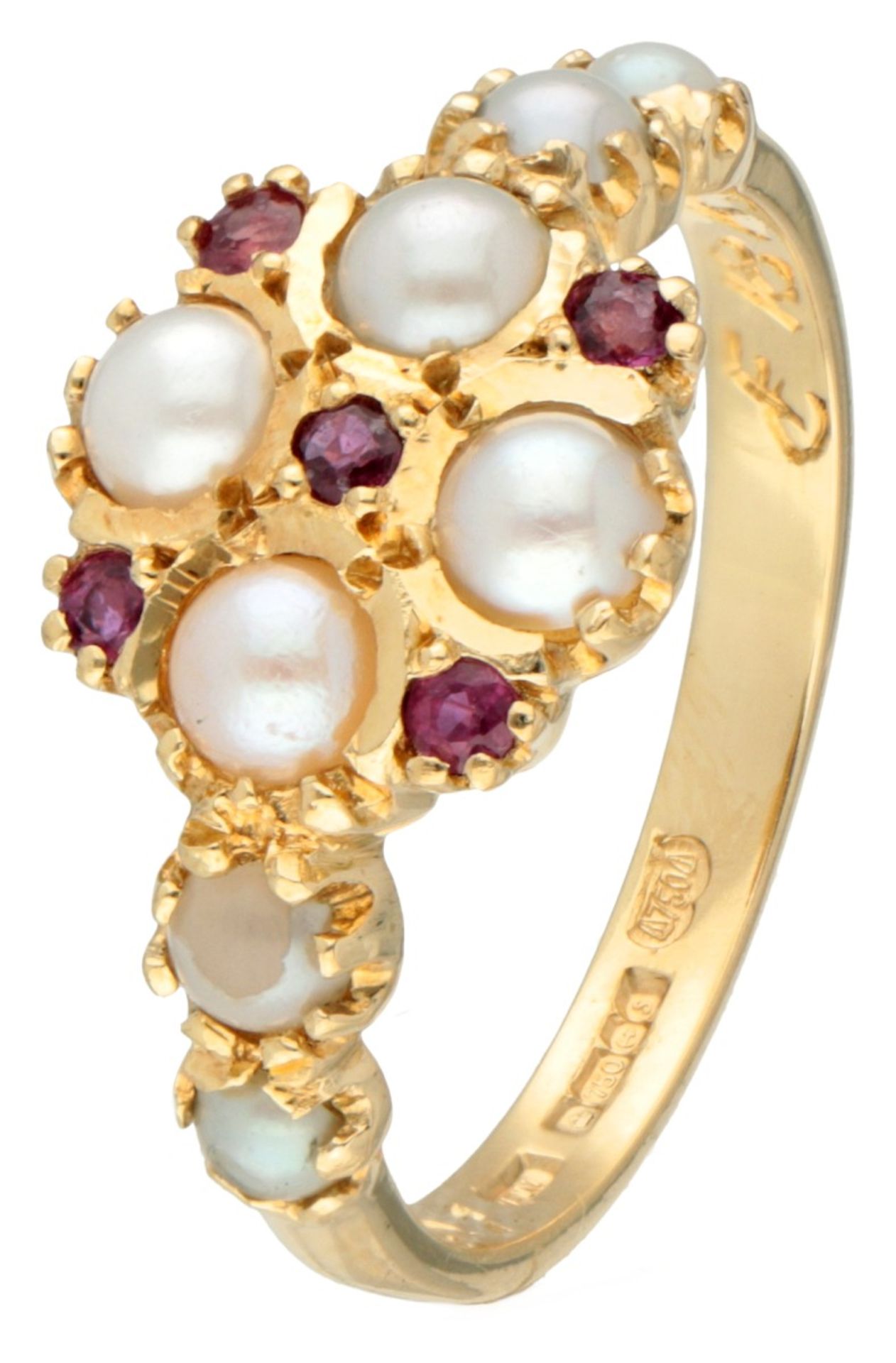 18K. Yellow gold Franklin Mint ring set with natural ruby ​​and pearls.