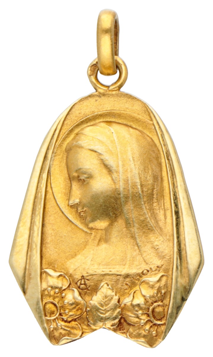 18K. Yellow gold French religious pendant depicting the virgin Mary, signed J. Holy and initials AC.