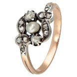 Antique 14K. rose gold and sterling silver ring set with a pearl and rose cut diamonds.