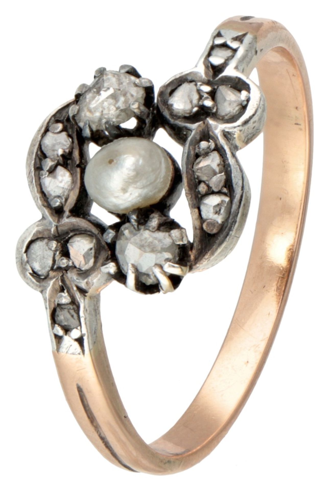 Antique 14K. rose gold and sterling silver ring set with a pearl and rose cut diamonds.