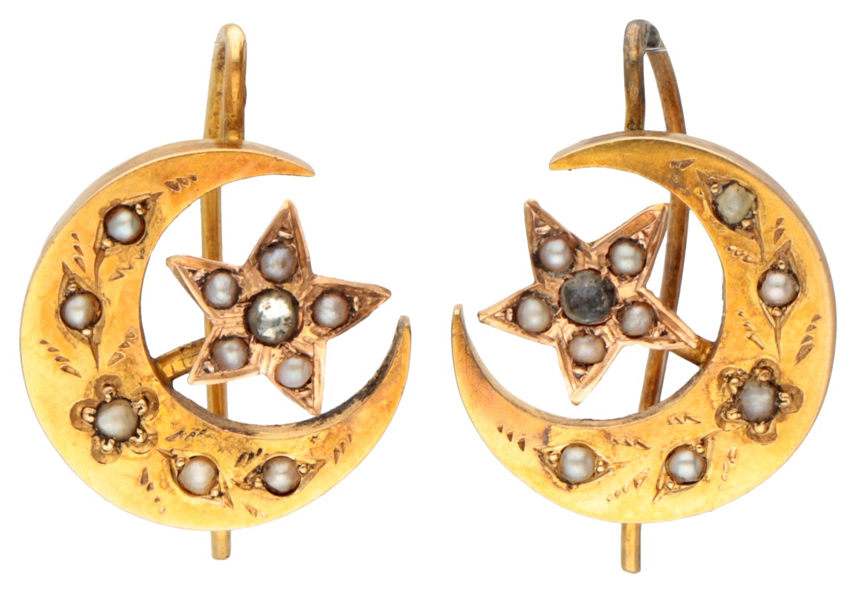 Antique 18K. yellow gold moon-shaped earrings set with seed pearls and rhinestones.