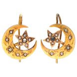 Antique 18K. yellow gold moon-shaped earrings set with seed pearls and rhinestones.