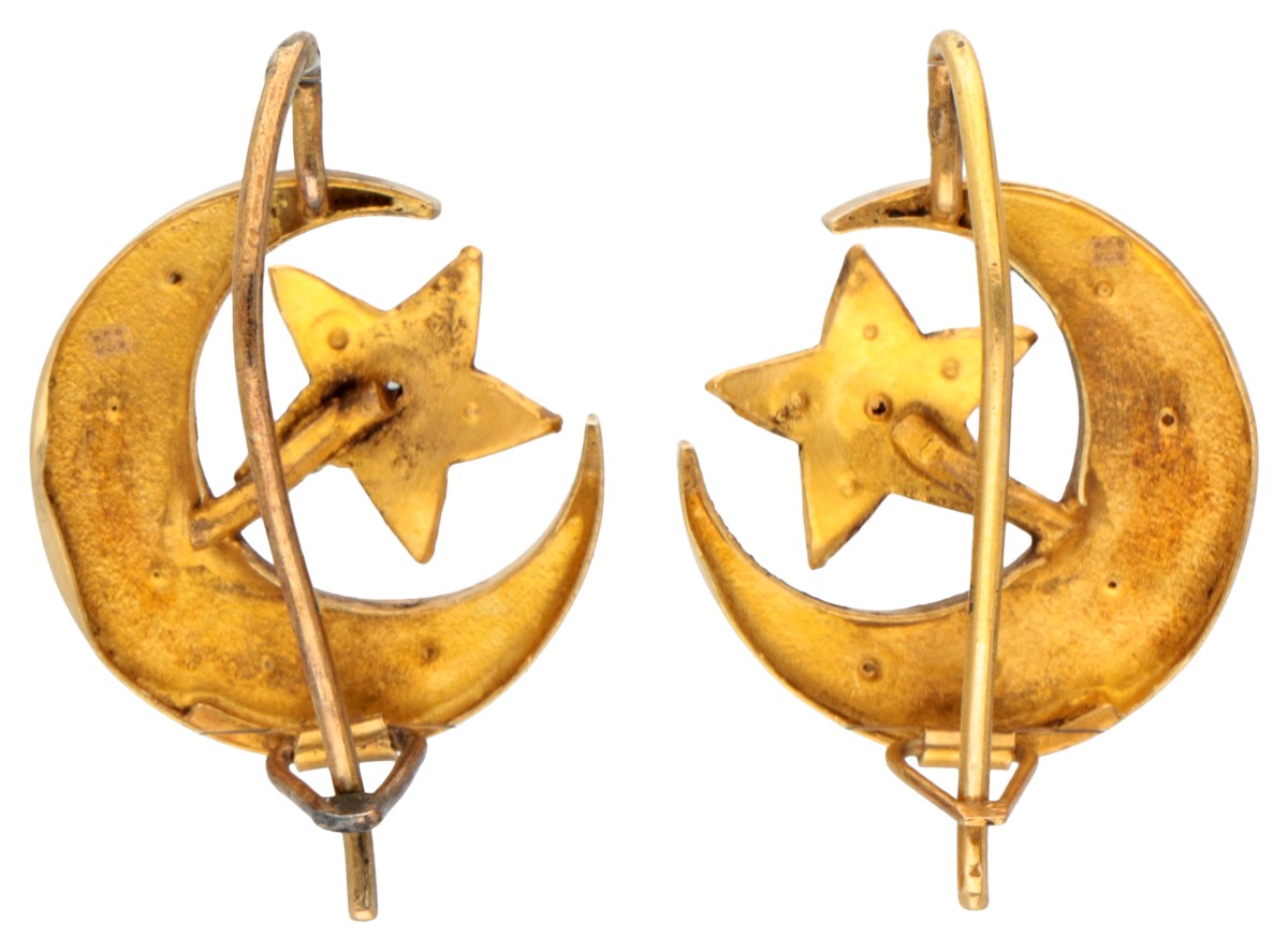 Antique 18K. yellow gold moon-shaped earrings set with seed pearls and rhinestones. - Image 2 of 2