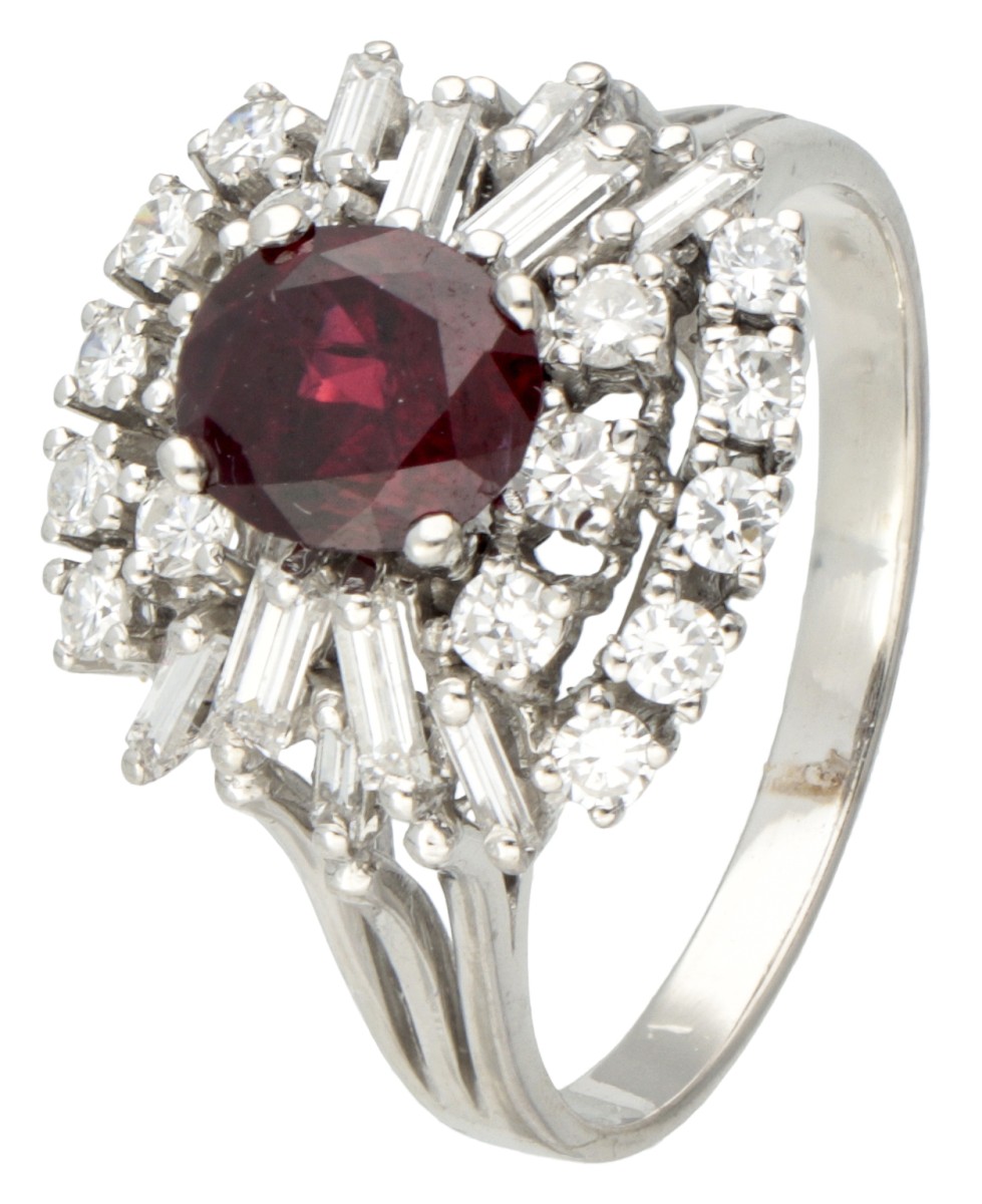 14K. White gold cocktail ring set with approx. 0.98 ct. diamond and synthetic ruby.