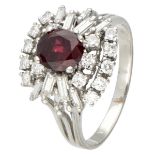 14K. White gold cocktail ring set with approx. 0.98 ct. diamond and synthetic ruby.