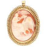 Vintage 18K. yellow gold brooch / pendant set with a cameo depicting a lady and a bird.