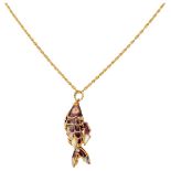 18K. Yellow gold necklace with a yellow gold enamel flexible fish pendant.