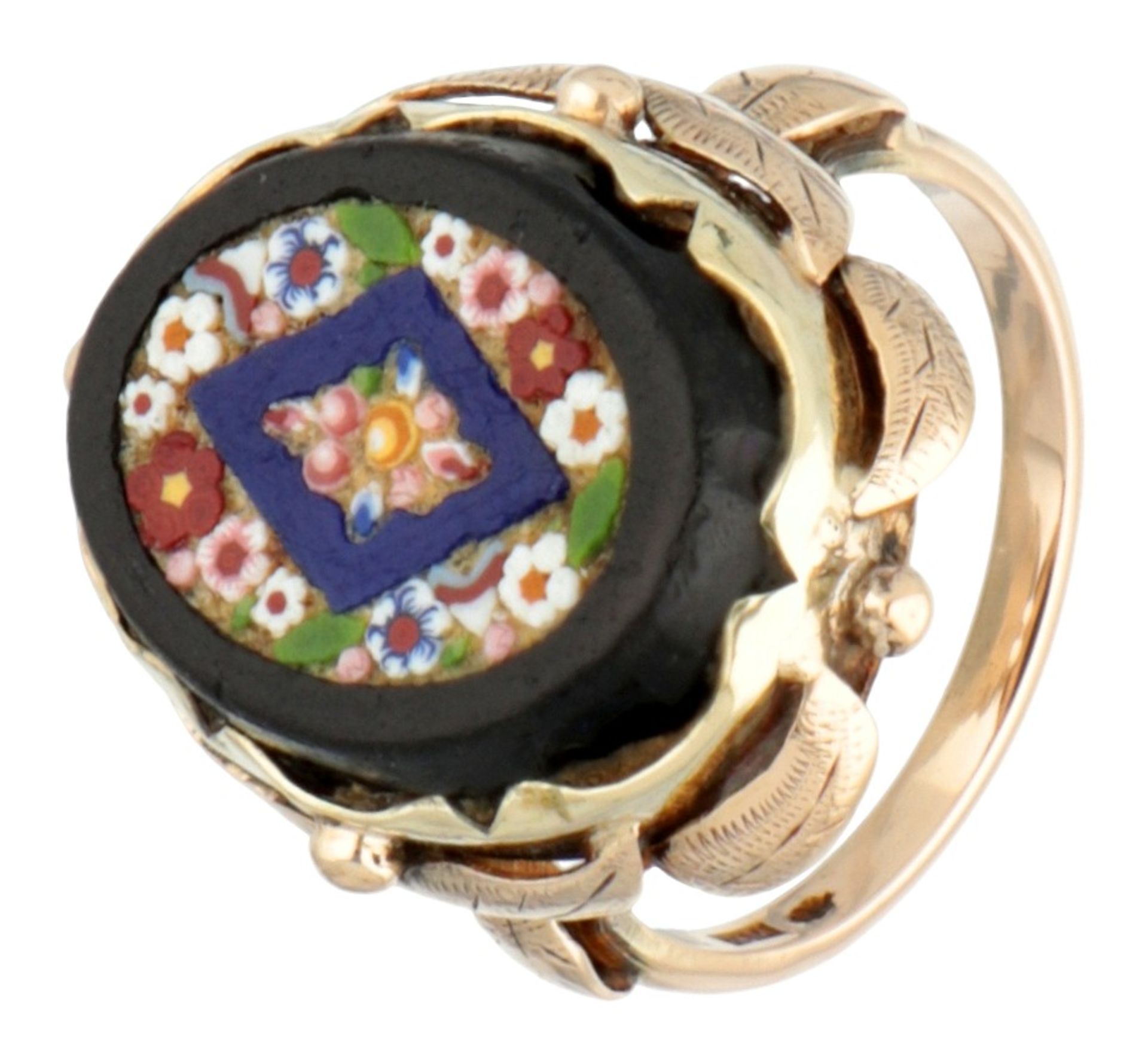 Vintage 14K. yellow gold ring with colorful micro mosaic.