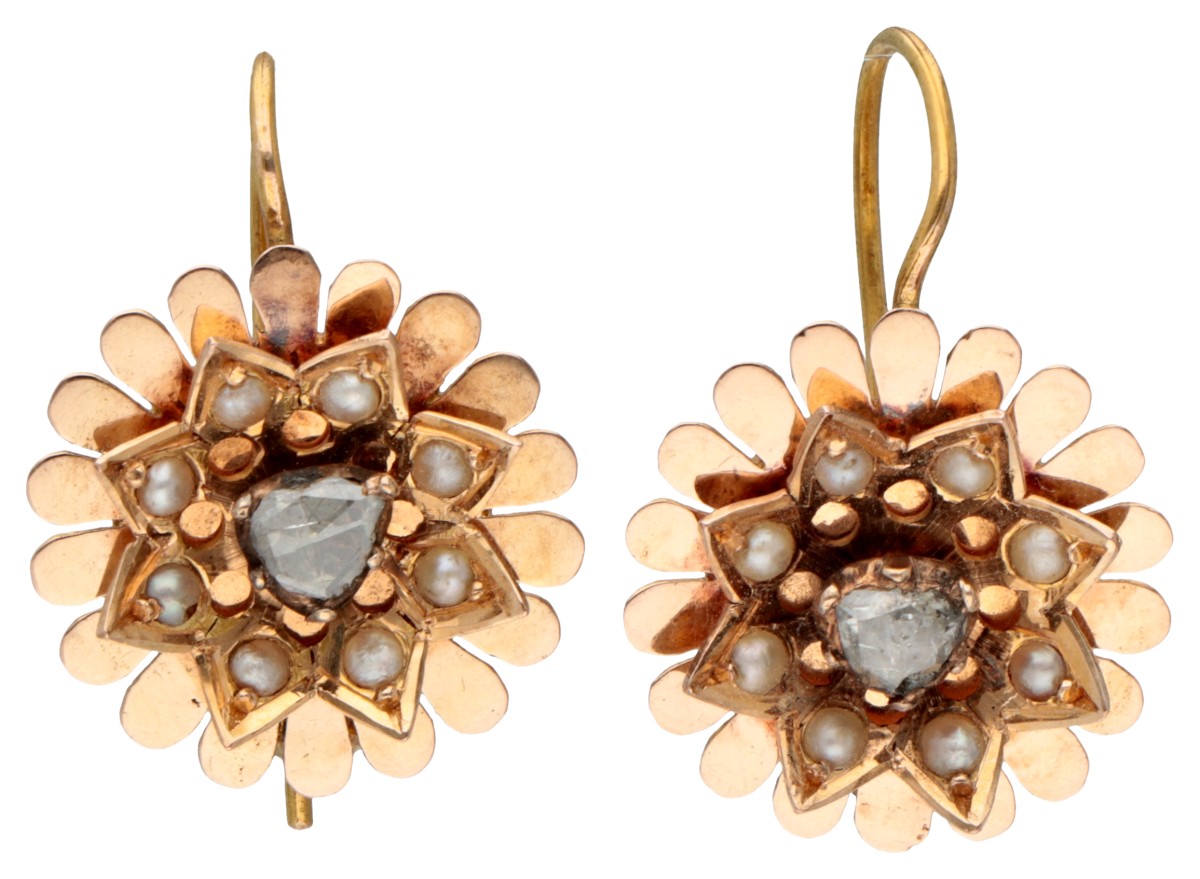 Antique 22K. yellow gold earrings set with rose cut diamonds and seed pearls.