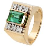 14K. Yellow gold ring set with approx. 1.43 ct. natural green tourmaline and approx. 0.12 ct. diamon