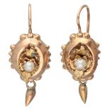 Antique 14K. yellow gold earrings each set with a seed pearl.