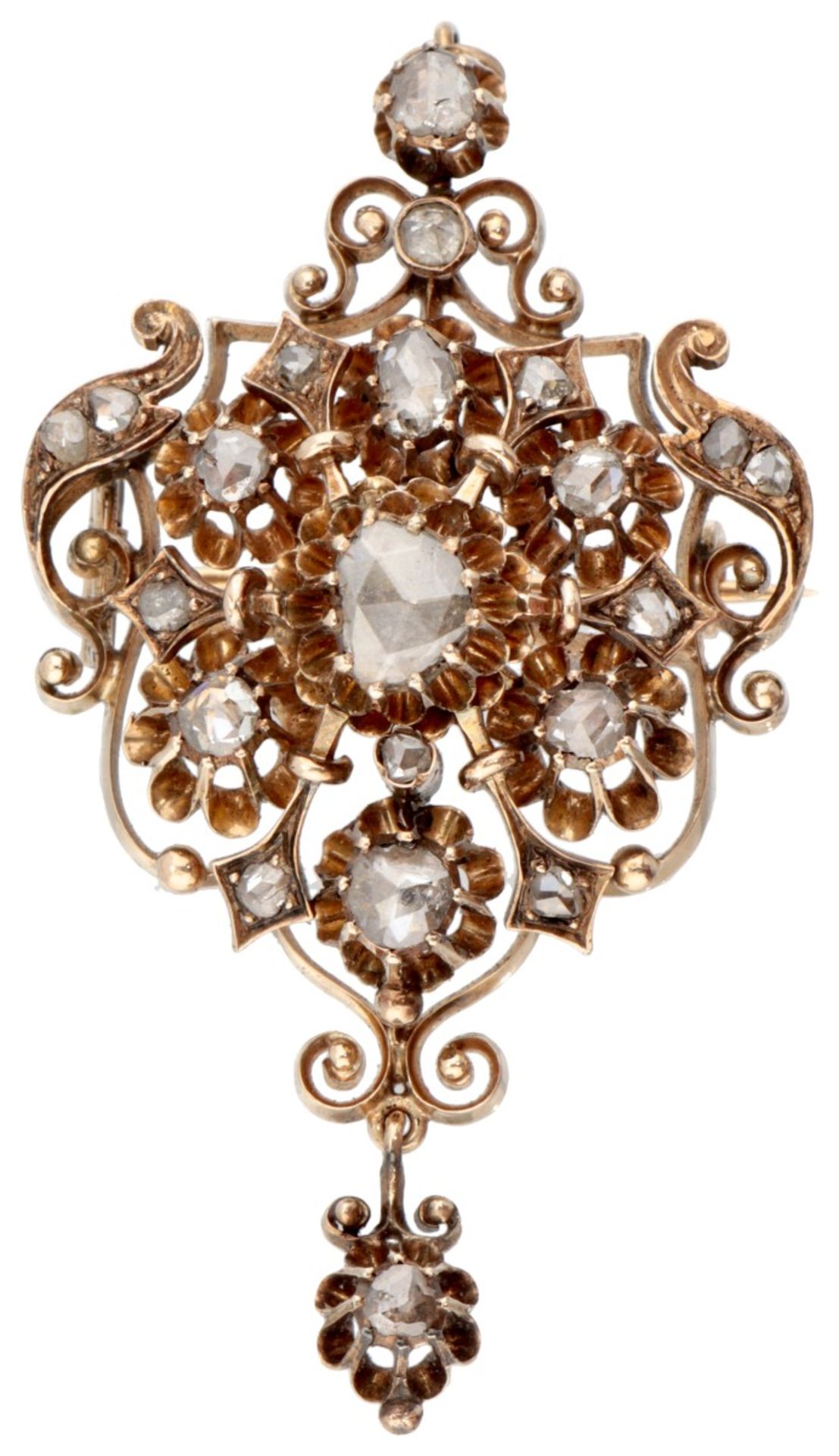 Antique 10K. rose gold pendant / brooch set with rose cut diamonds.