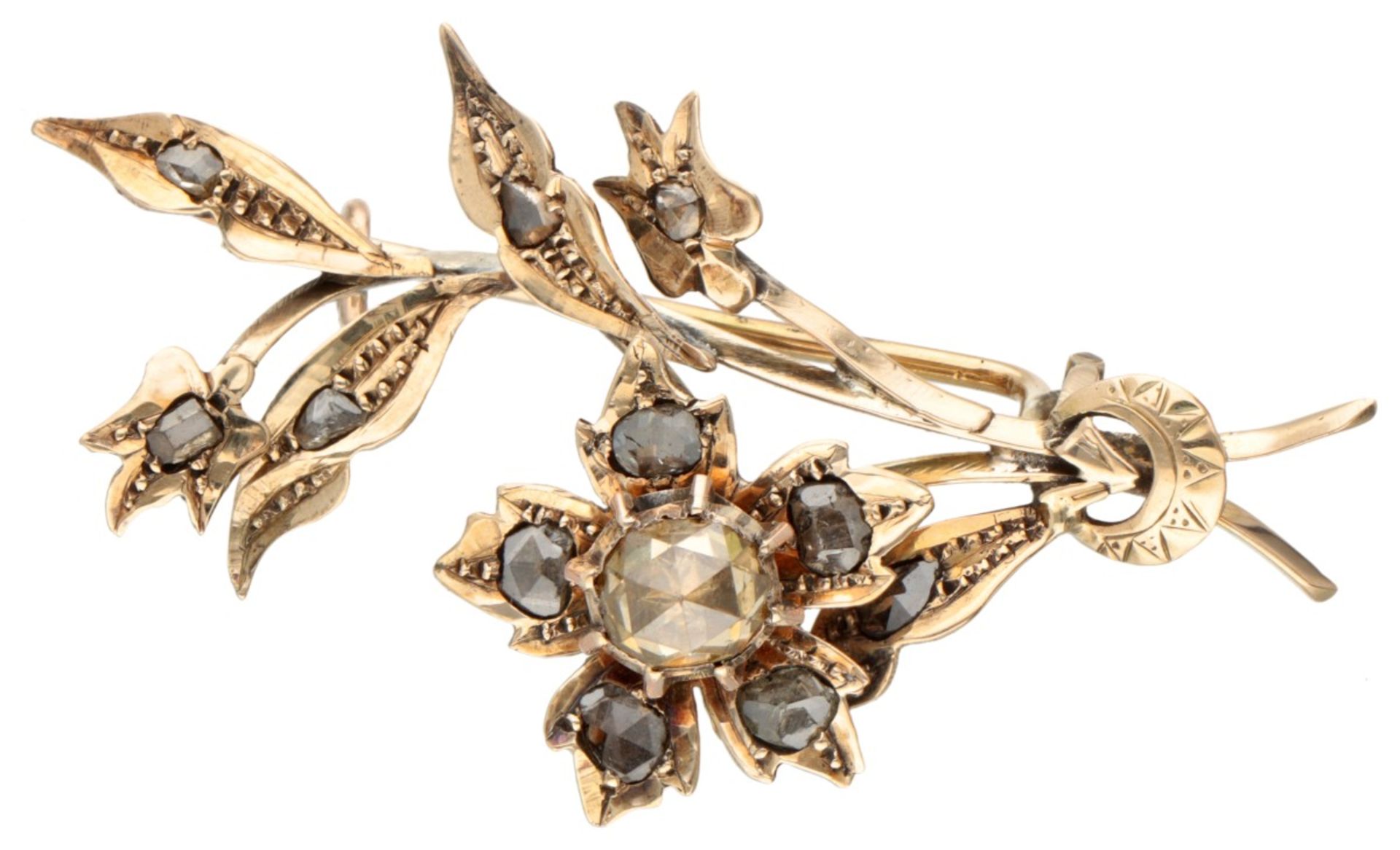 Antique 14K. rose gold floral brooch set with rose cut diamonds.