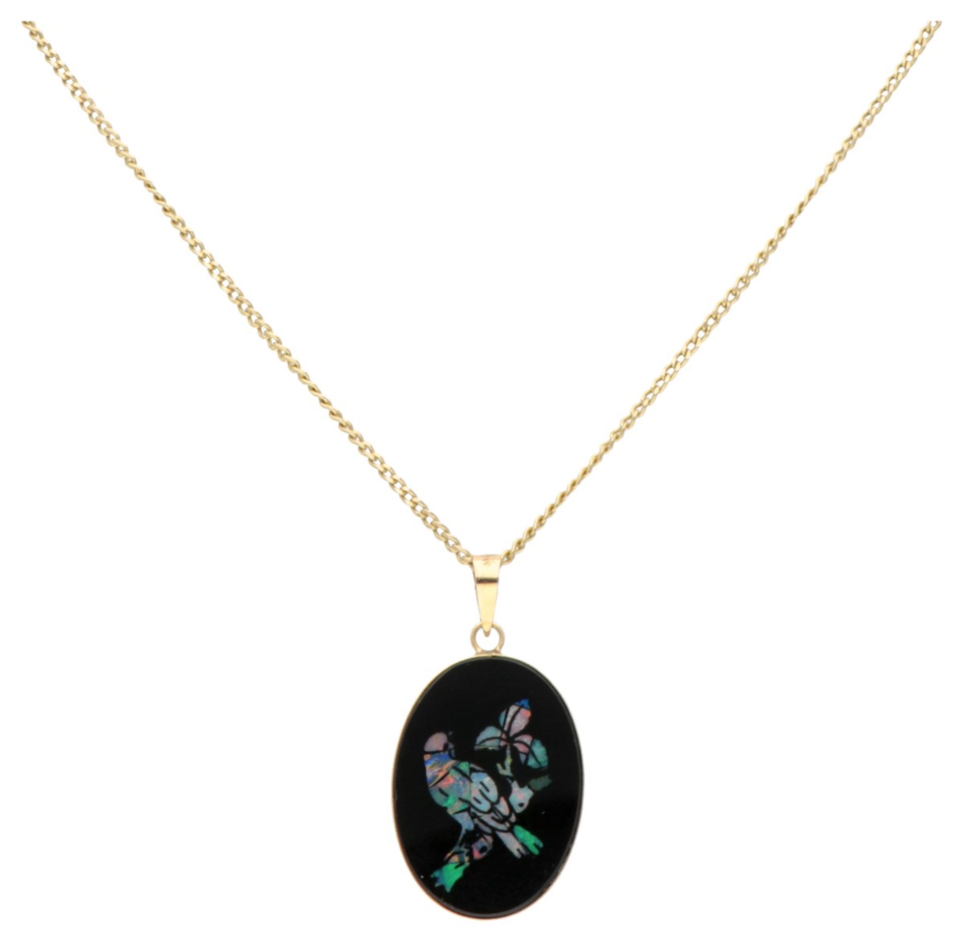 14K. Yellow gold necklace and vintage pendant with an opal triplet of a bird on a branch.