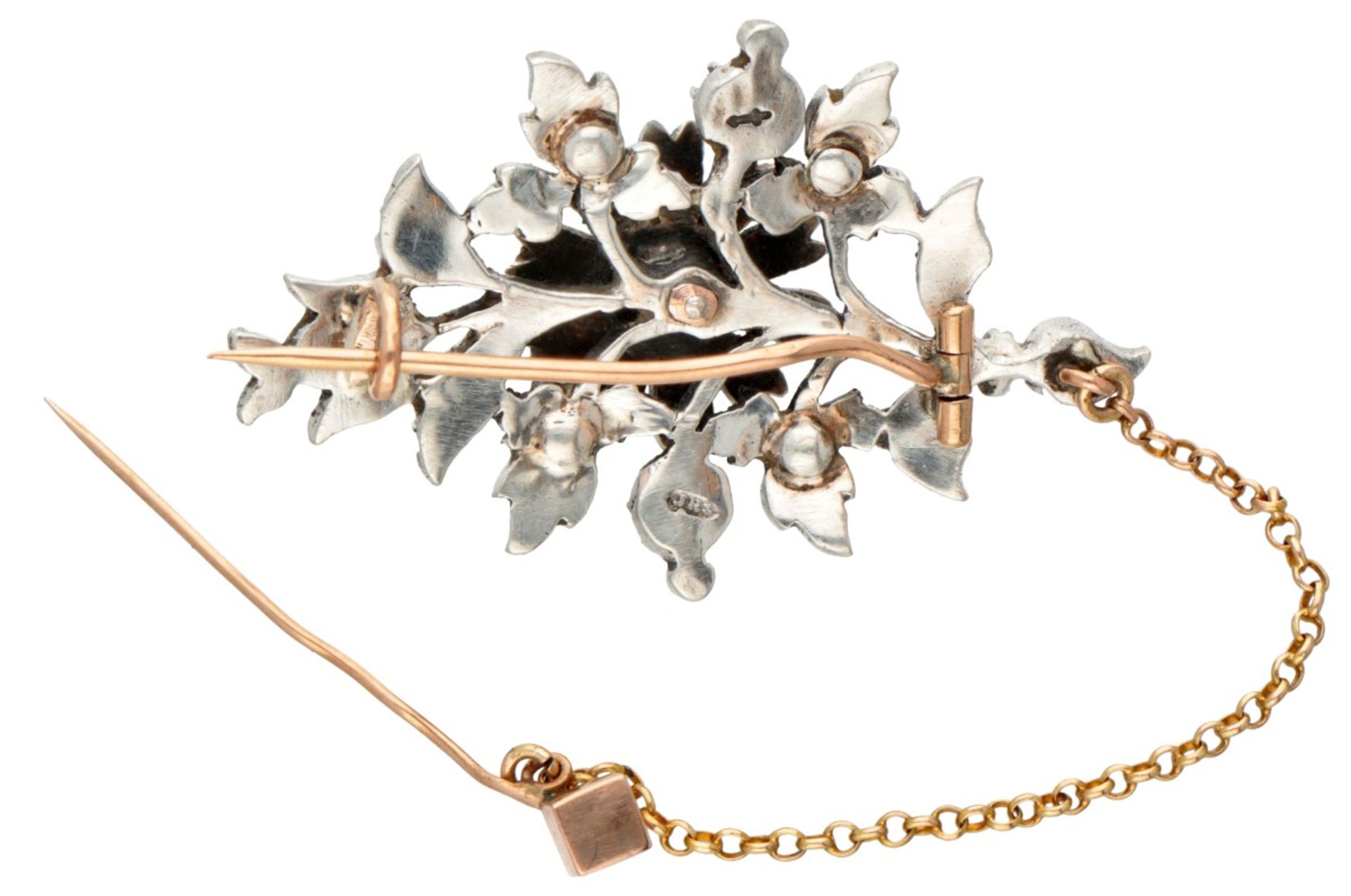 Antique 14K. rose gold and sterling silver brooch set with rose cut diamonds. - Image 3 of 4