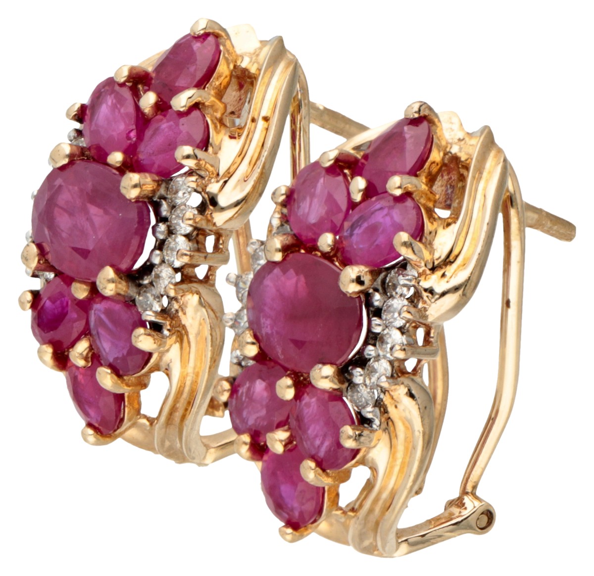 Vintage 14K. yellow gold earrings set with approx. 3.10 ct. ruby ​​and approx. 0.20 ct. diamond. - Image 2 of 3