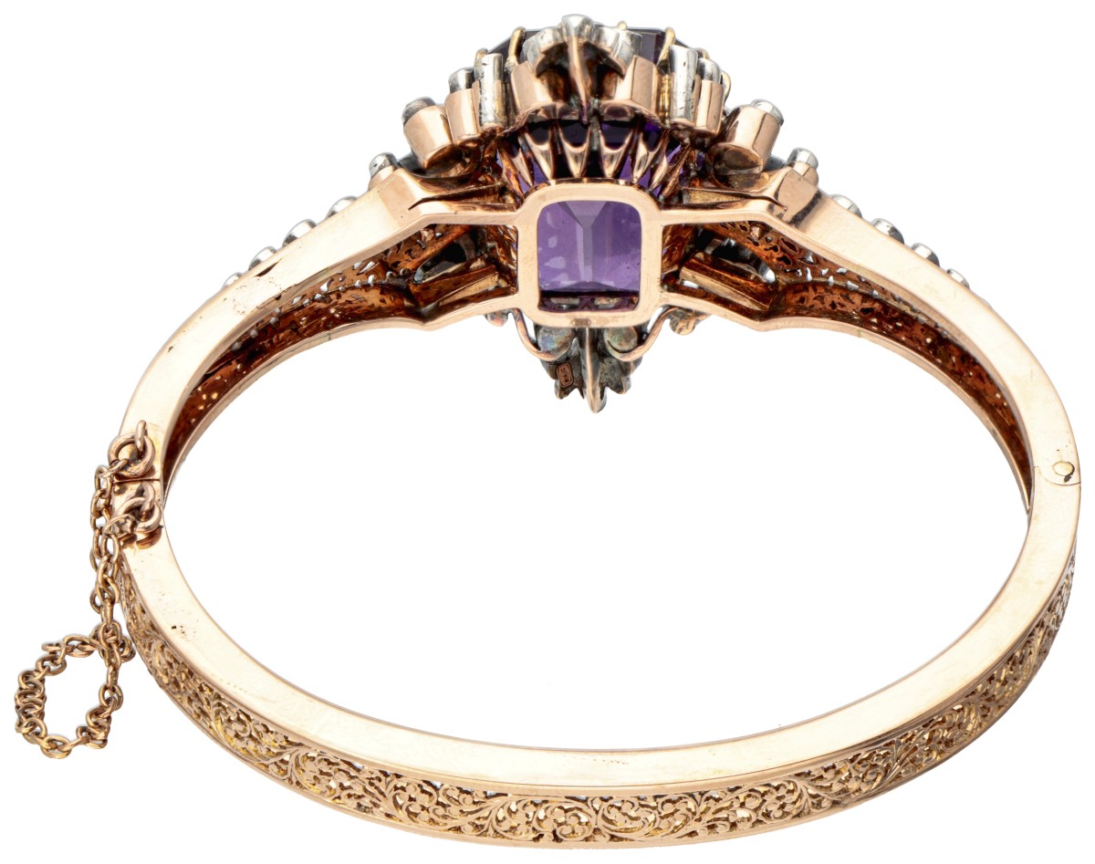 Antique 18K. rose gold French openwork bangle bracelet set with approx. 36.19 ct. amethyst and diamo - Image 4 of 5