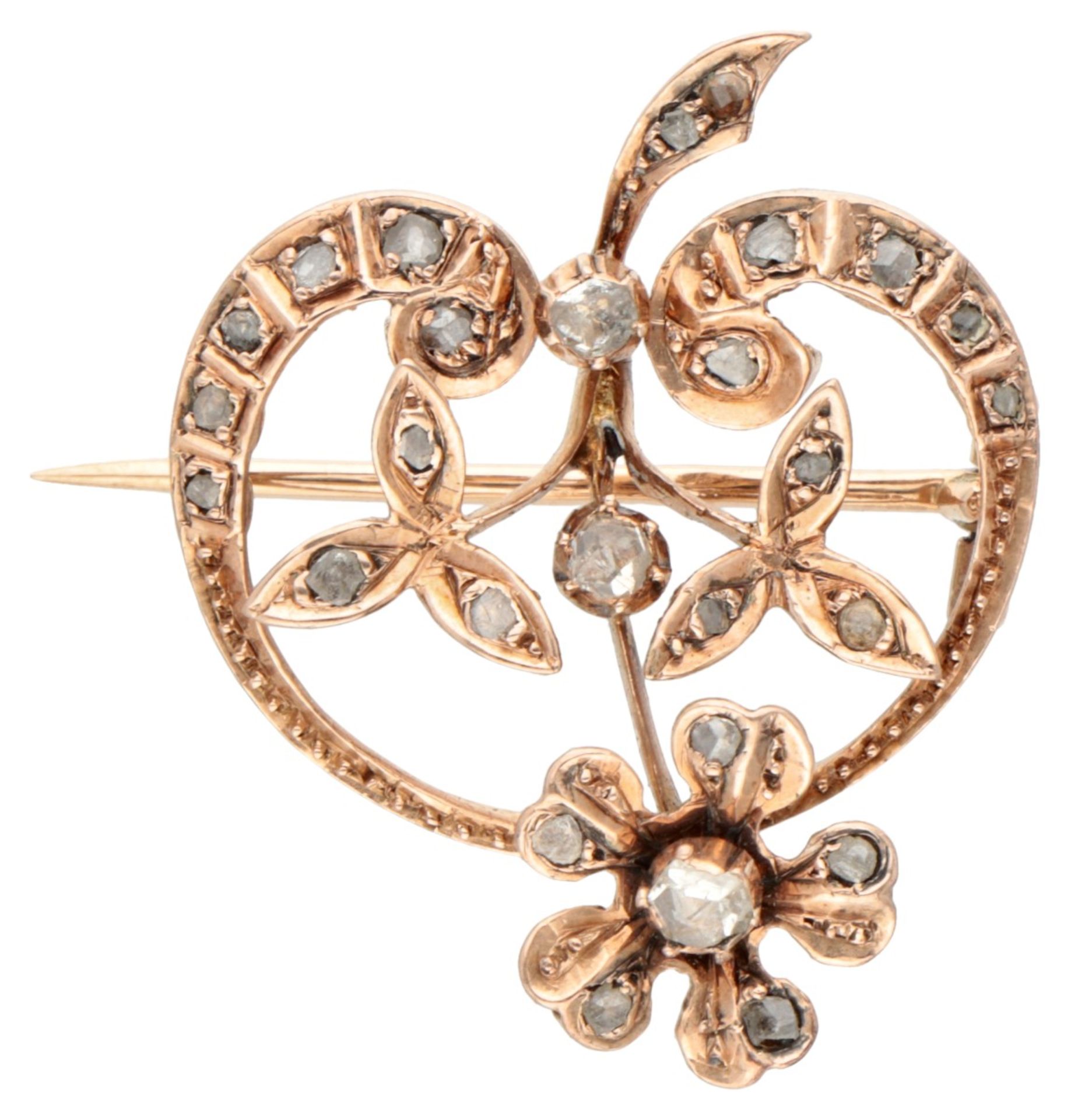 Antique 14K. rose gold brooch set with rose cut diamonds.