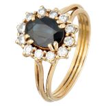 Vintage 18K. yellow gold entourage ring set with approx. 1.47 ct. natural sapphire and approx. 0.36