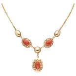 Vintage 14K. yellow gold necklace set with red coral.