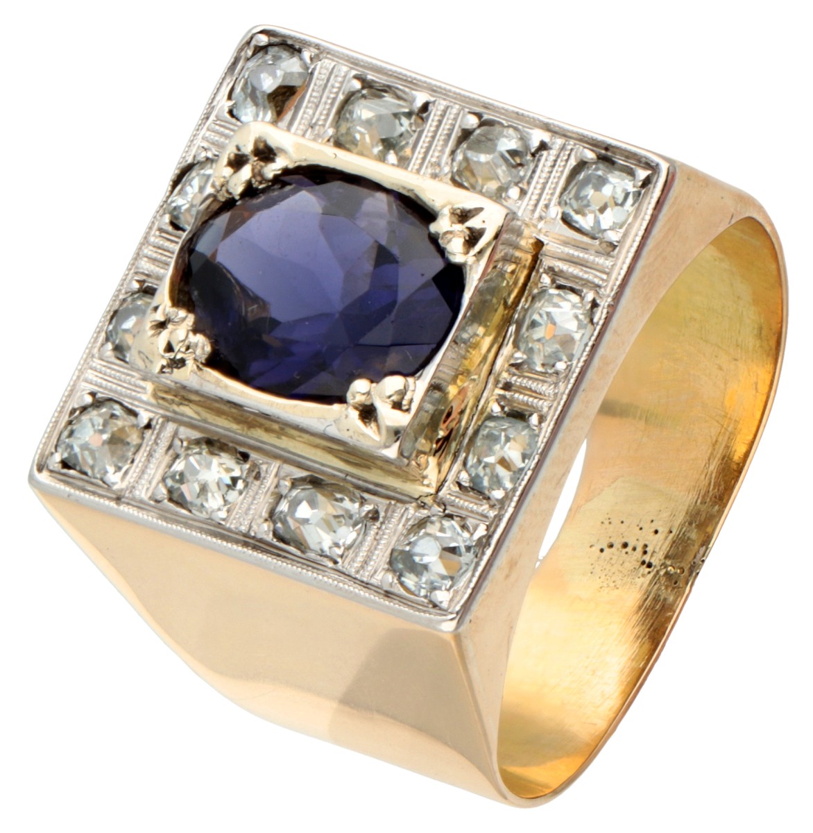 Retro 14K. yellow gold ring set with approx. 1.40 ct. iolite and approx. 0.72 ct. diamond.