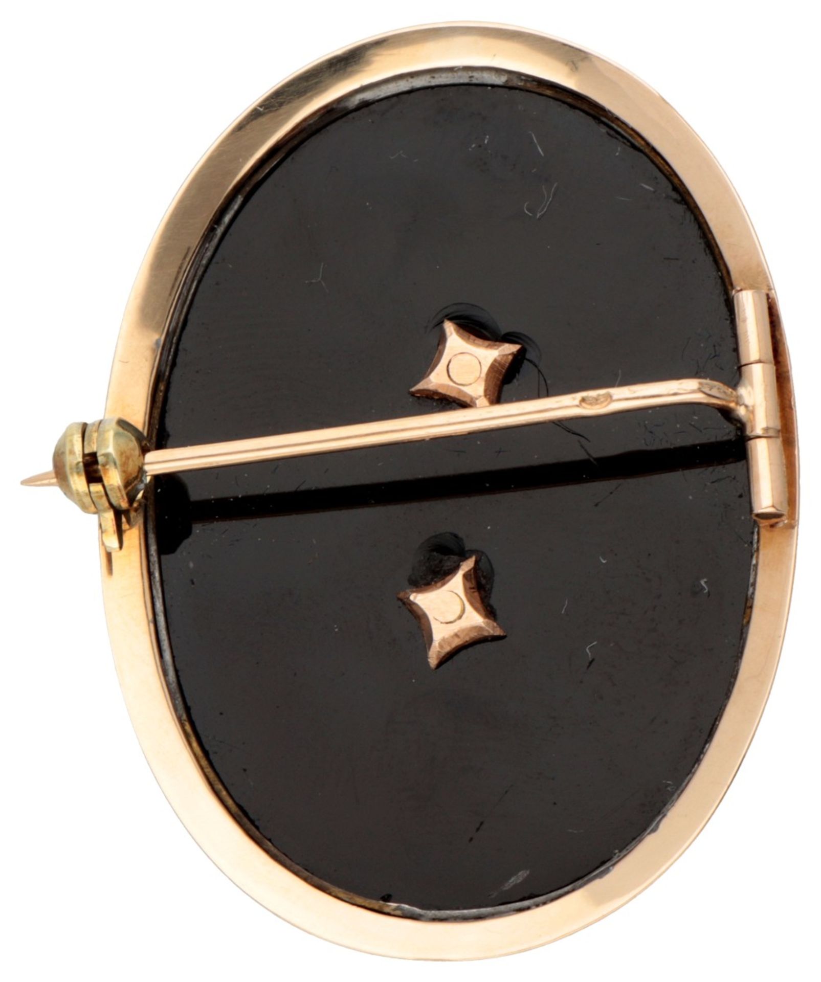 14K. Rose gold brooch with rose cut diamonds set on a black plaque. - Image 3 of 3