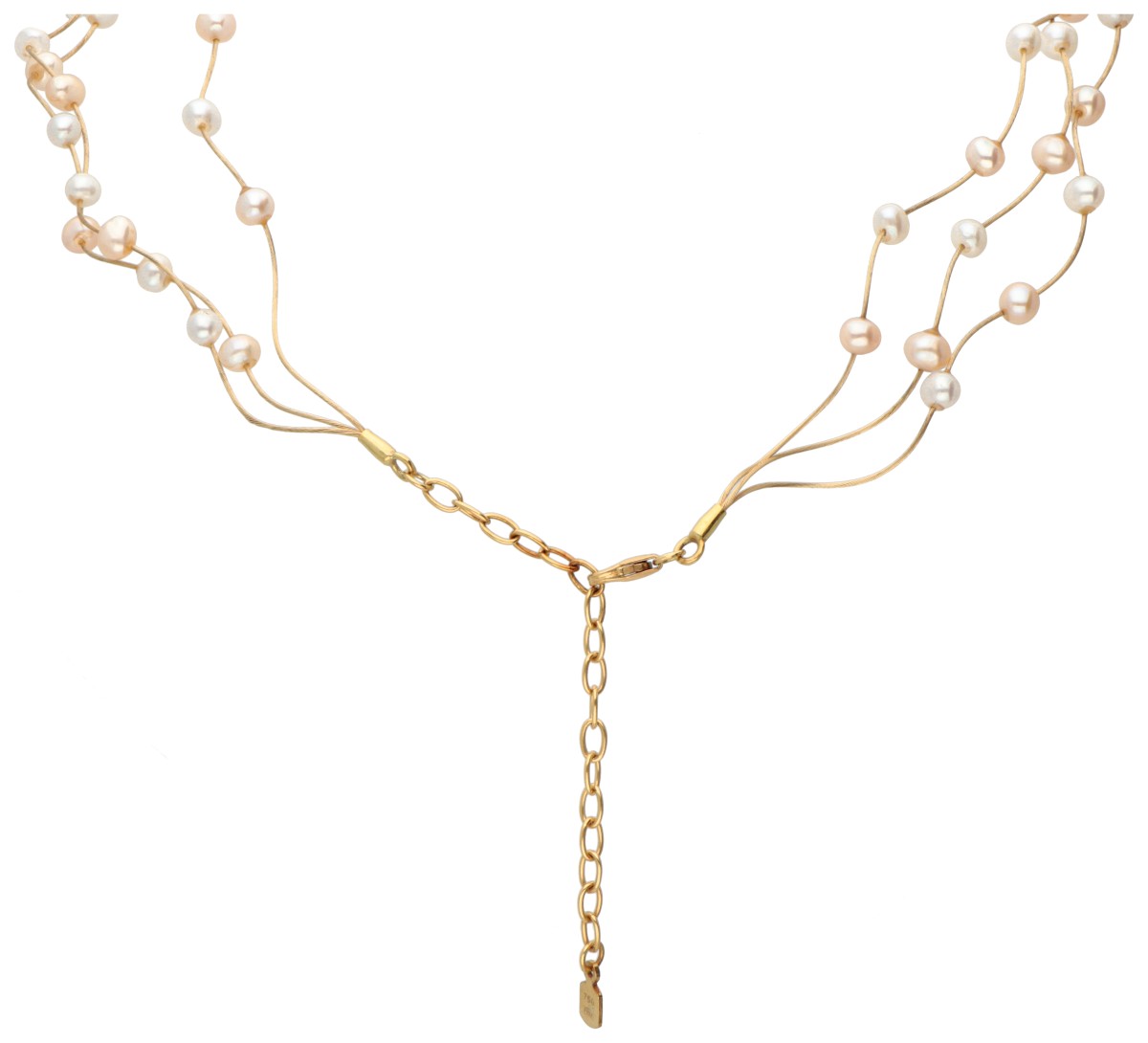 Three-row 18K. yellow gold necklace set with freshwater pearls. - Image 2 of 3