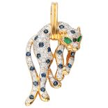 18K. Bicolor gold panther pendant set with approx. 0.71 ct. diamond, approx. 0.69 ct. natural sapphi