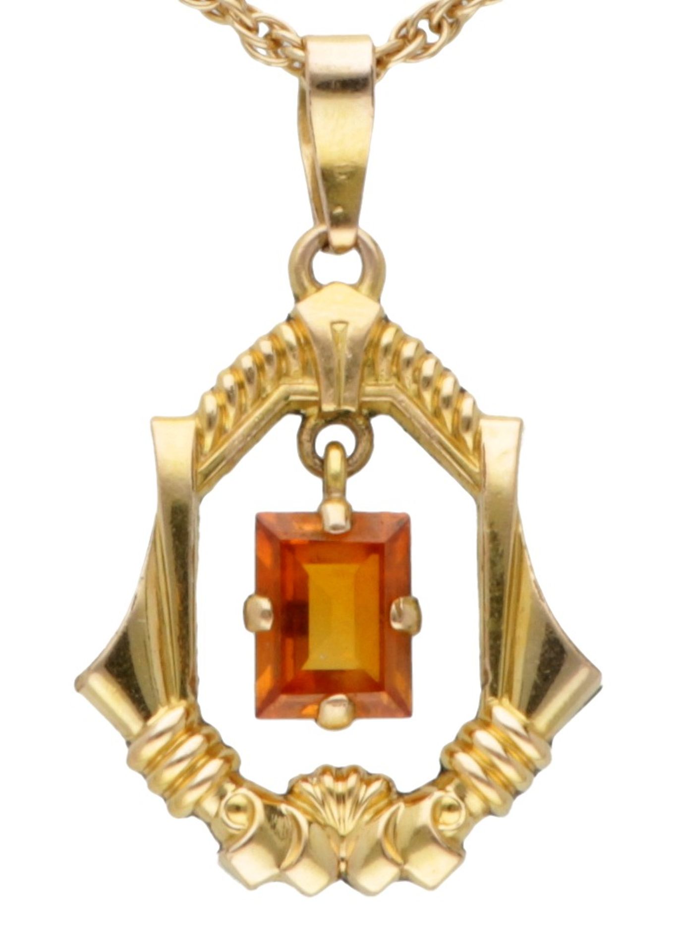 9K. Yellow gold Prince of Wales link necklace with pendant set with approx. 1.00 ct. citrine. - Image 2 of 3