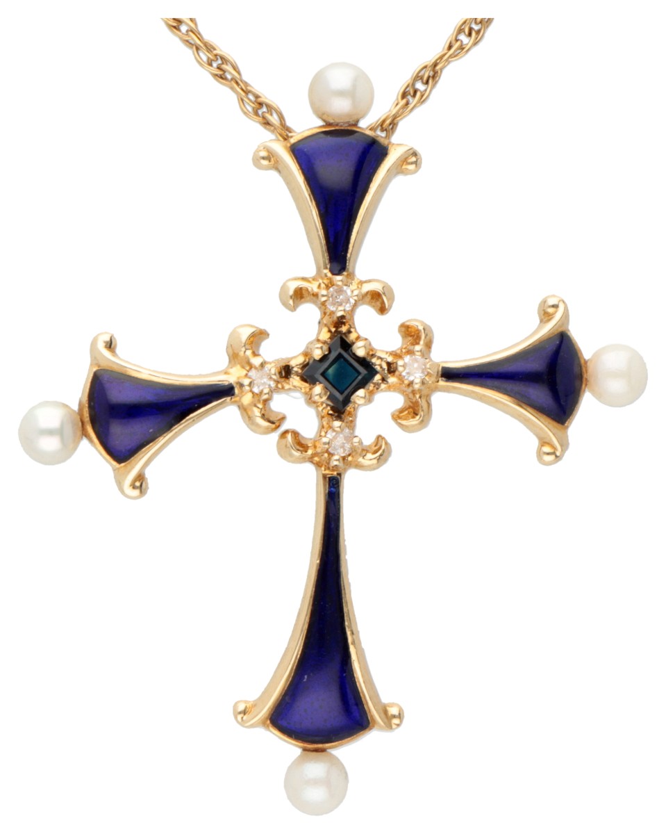 18K. Yellow gold necklace with 'The Sapphire Midnight Cross' of the House of Igor Carl Fabergé set w - Image 2 of 6