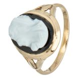 Vintage 10K. yellow gold ring set with a white cameo with a profile portrait of a lady set on a blac