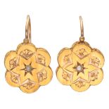 Antique 14K. yellow gold earrings with hand-engraved details and seed pearls.