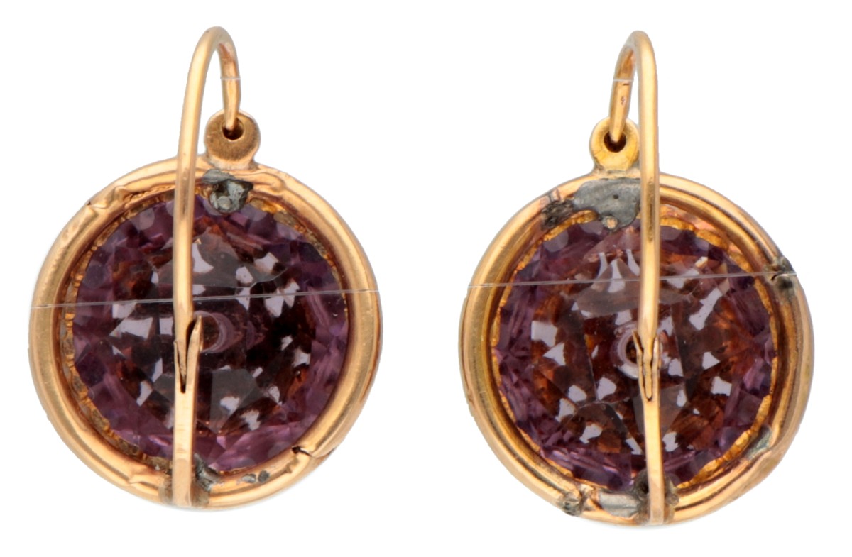 Antique 14K. yellow gold earrings with seed pearls set on purple colored stones. - Image 2 of 3