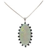 835 Silver necklace with pendant set with approx. 30.00 ct. precious opal and approx. 2.34 ct. natur