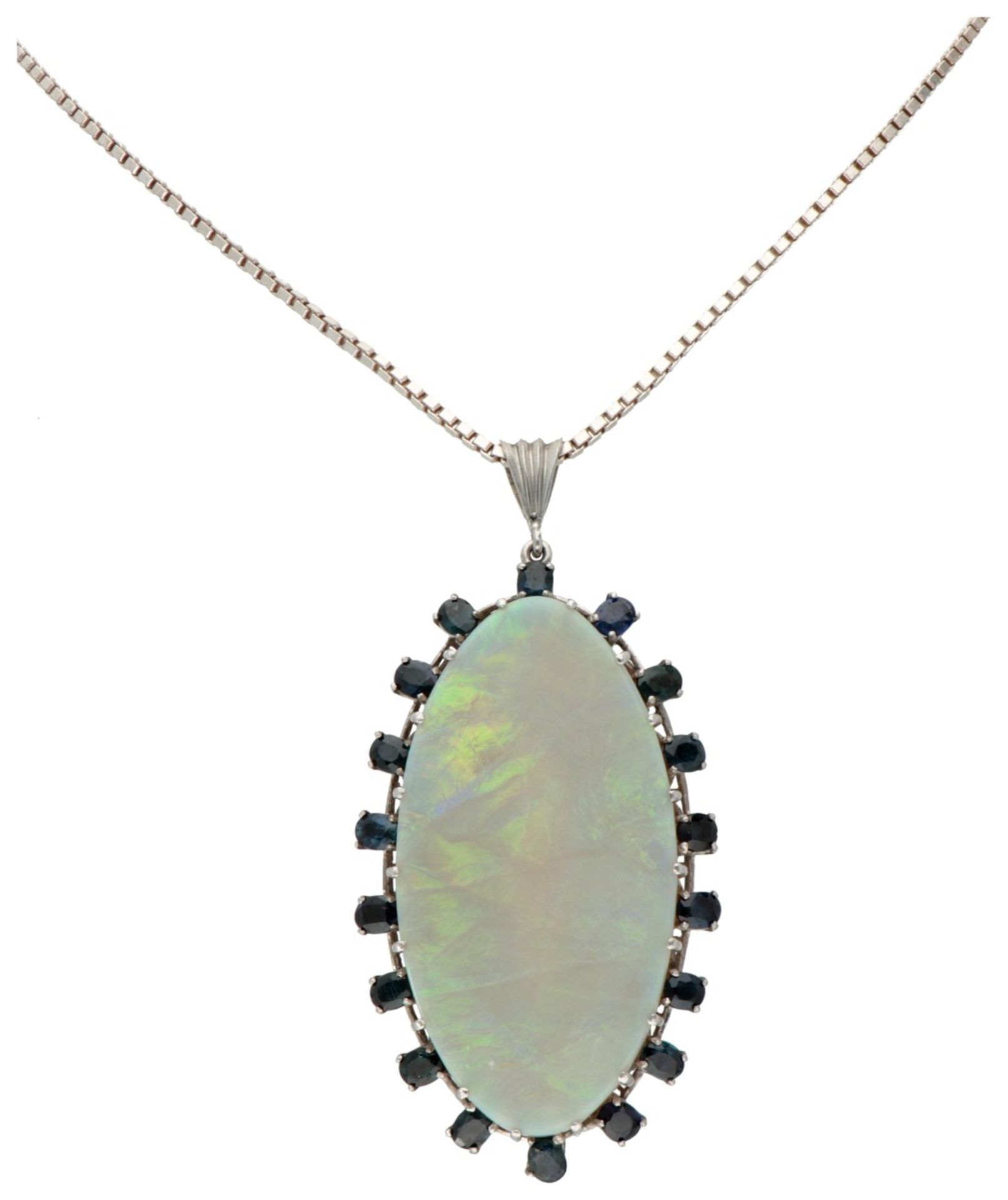 835 Silver necklace with pendant set with approx. 30.00 ct. precious opal and approx. 2.34 ct. natur