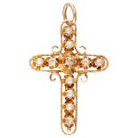 18K. Yellow gold cross-shaped pendant set with diamonds and seed pearls.