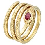 Vintage 14K. yellow gold snake ring set with approx. 0.32 ct. natural ruby.