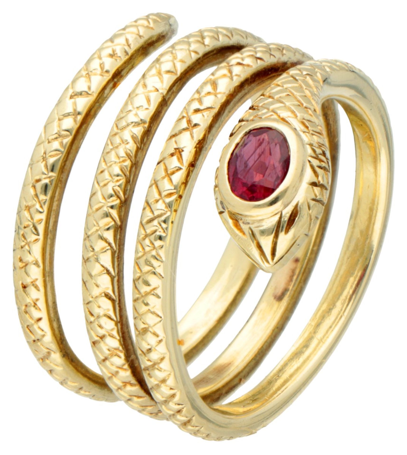 Vintage 14K. yellow gold snake ring set with approx. 0.32 ct. natural ruby.