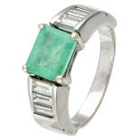 14K. White gold ring set with approx. 2.45 ct. natural emerald and approx. 0.66 ct. diamond.