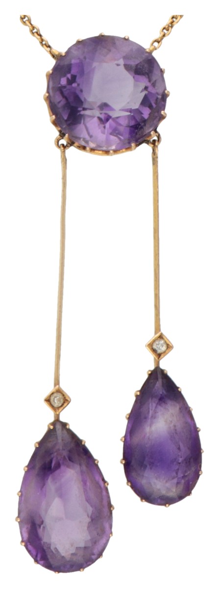 18K. Yellow gold negligee necklace set with approx. 13.56 ct. amethyst and diamond. - Image 2 of 3