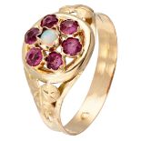 Vintage 14K. yellow gold ring set with opal and red colored stones.